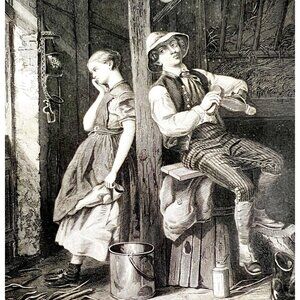 Lovers Quarrel Engraving 1859 Victorian Farm Romance Horse Stable Art DWY5E